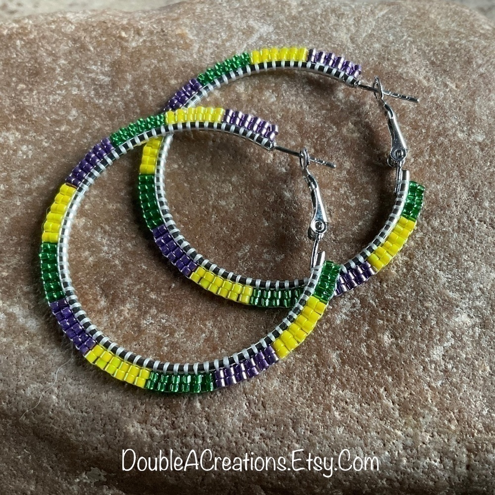 Mardi Gras Beaded Hoops, New, Handmade by Me